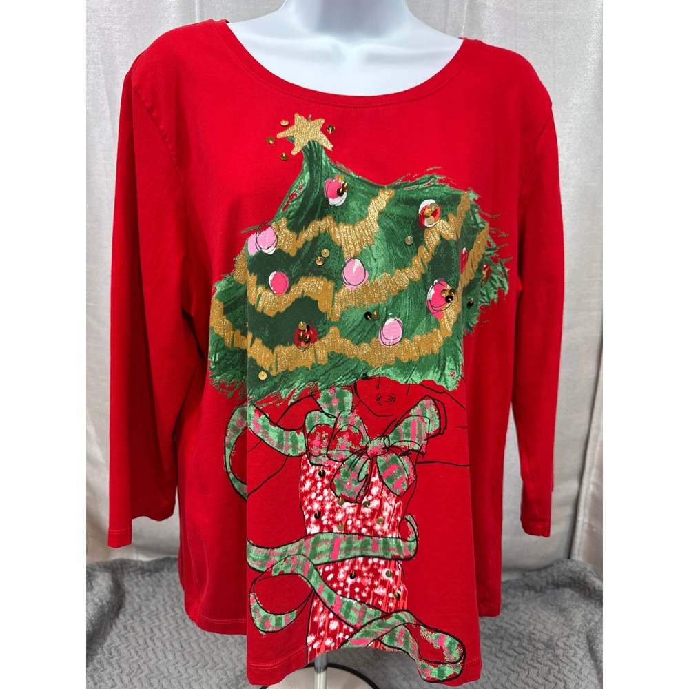 Ruby Rd Womens Red Christmas Tree Hat‎ Sequin Graphic T-Shirt XL 3/4 Sleeve